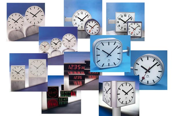 Diagram showing Mobatime's range of analog and digital industrial clocks.