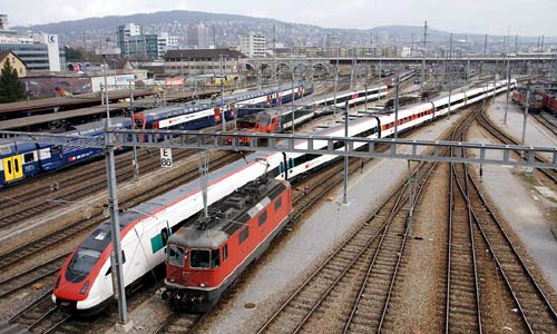 Zurich tram and rail network seen from above