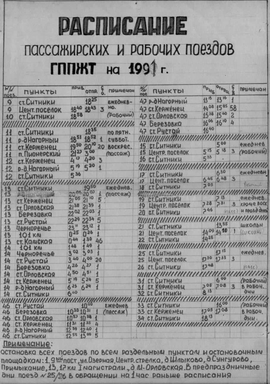 Узкоколейная железная дорога Горьковского предприятия промышленного железнодорожного транспорта - расписания движения пассажирских поездов