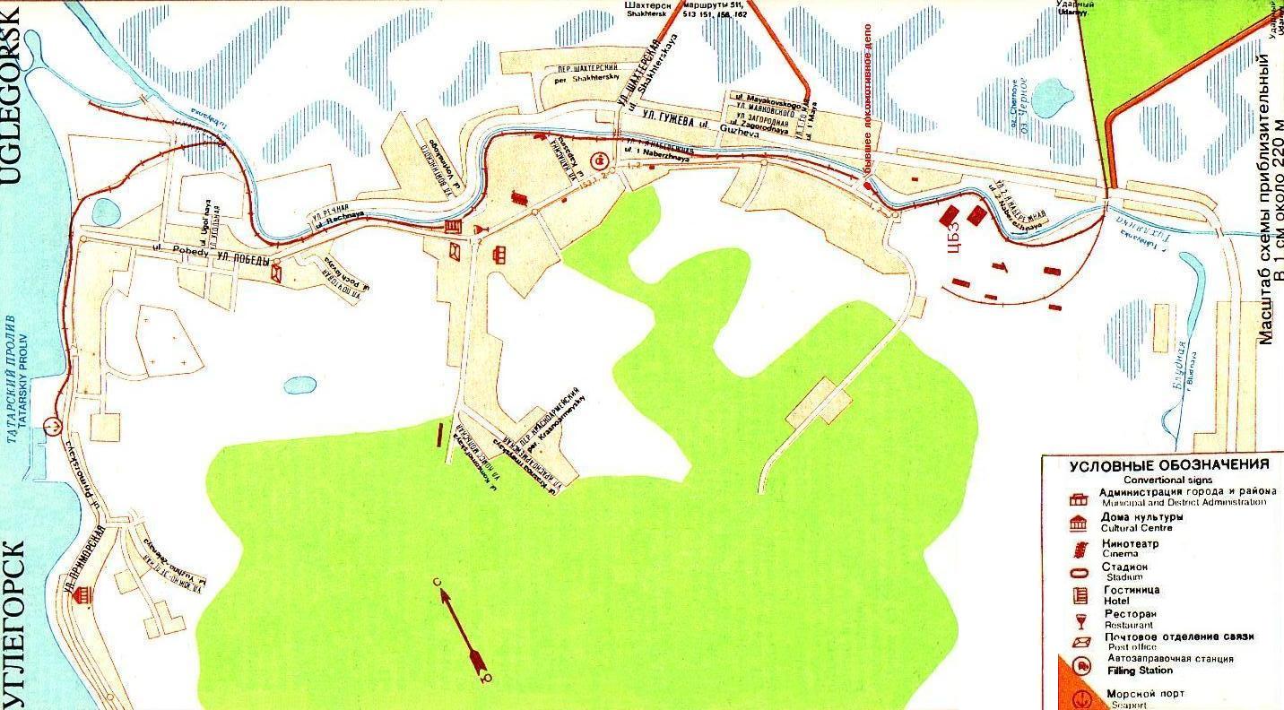 Узкоколейная железная дорога Шахтёрского погрузочно-транспортного управления - линии узкоколейной железной дороги на плане города Углегорска
